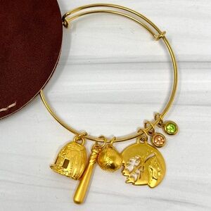 New In Box - Nokona Charm Bangle Bracelet - Kelly Green & Pink Gems - 24K Charms